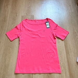 NWT New Tommy Hilfiger Pink Boat Neck Short Sleeve T-Shirt Women's Size Large